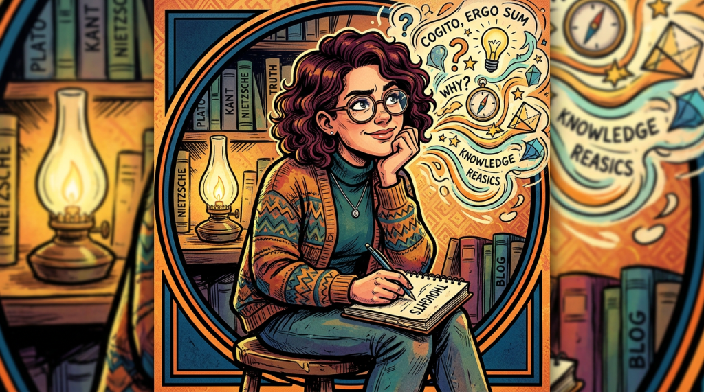 Person writing thoughts surrounded by books and symbols of knowledge